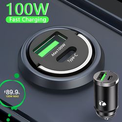 100W Mini Car Charger Lighter Fast Charging for iPhone QC3.0 PD USB Type C Car Phone Charger for Xiaomi Samsung Huawei