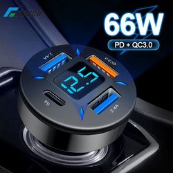 66W 4 Ports USB Car Charger Fast Charging PD Charge 3.0 USB C Car Phone Charger Adapter For iPhone 13 12 Xiaomi Samsung