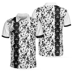 floral golf pattern in white men polo shirt, black and white polo shirt, floral golf shirt for men