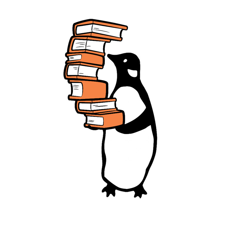 Penguin holding pile of books .png
