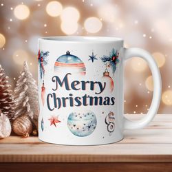retro style christmas coffee mug, magic ceramic mug, christmas balls, retro design, wraparound mug, christmas tree mug