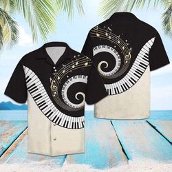 vibrant tropical hawaiian shirt with piano keyboard staves  perfect for music lovers