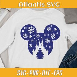 christmas mickey castle tree svg dxf, snowflakes castle svg dxf, christmas disney castle magic svg png eps dxf