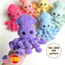 baby squid no sew crochet pattern, amigurumi octopus tutorial, cute plushie, easy beginner friendly pattern