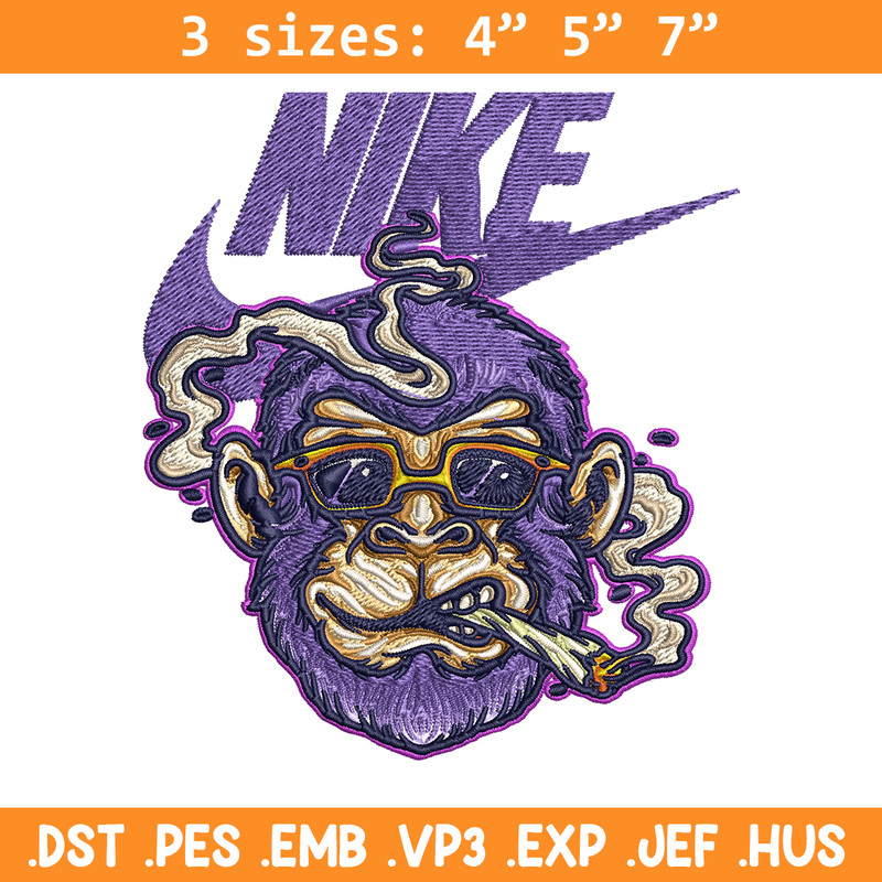 Monkey head smoking Nike Embroidery design, Monkey Embroidery, Nike design, Embroidery file, Instant download..jpg