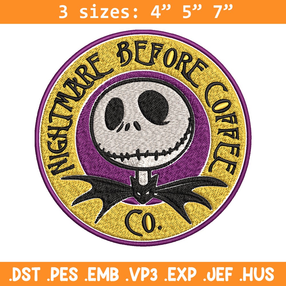 Nightmare before coffee Embroidery design, jack skellington Embroidery, Embroidery File, Horror design, Digital download.jpg