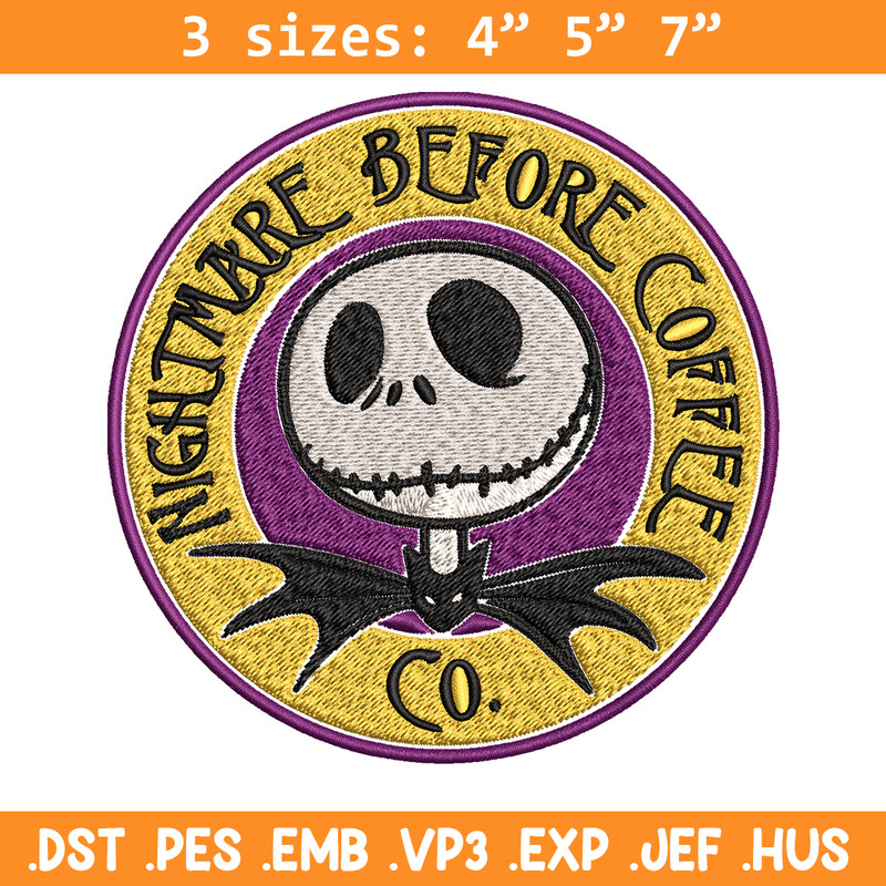 Nightmare before coffee Embroidery design, jack skellington Embroidery, Embroidery File, Horror design, Digital download.jpg
