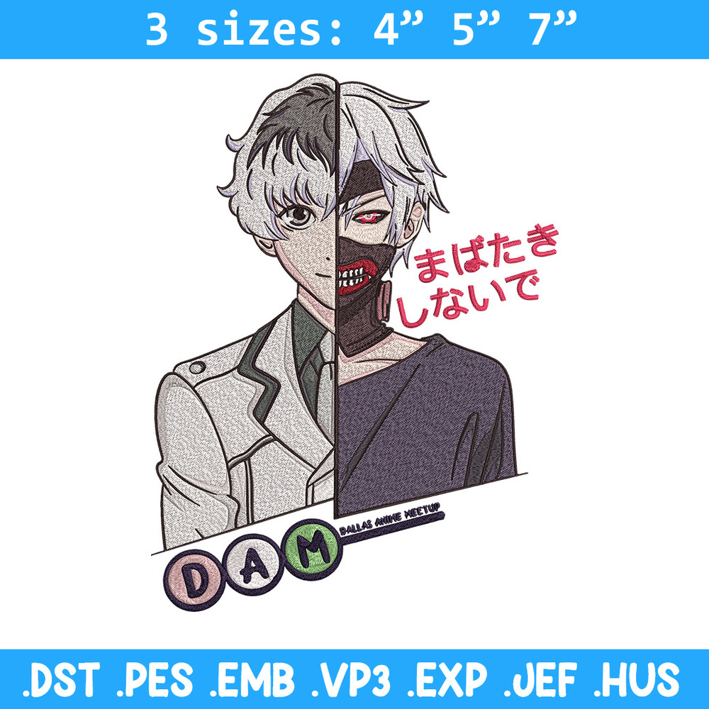 Ken kaneki Embroidery Design, Tokyo Ghoul Embroidery, Embroidery File, Anime Embroidery, Anime shirt, Digital download.jpg