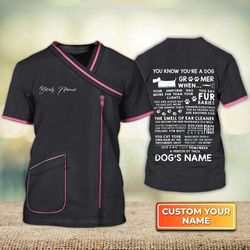 stylish personalized name 3d tshirt for groomers black & pink salon uniform