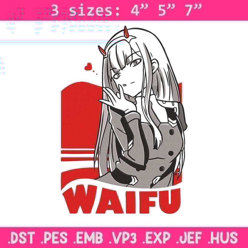 Waifu Zero Two Embroidery Design, Zero Two Embroidery, Embroidery File, Anime Embroidery, Anime shirt,Digital download..jpg