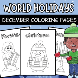 December Coloring Pages - Christmas, Kwanzaa, Hanukkah - Holiday Activities - Holidays around the world - printable