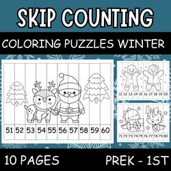 Christmas Math - Skip Counting Coloring Puzzles - Winter numbers 1-100 - Printable activity - Kindergarten math games