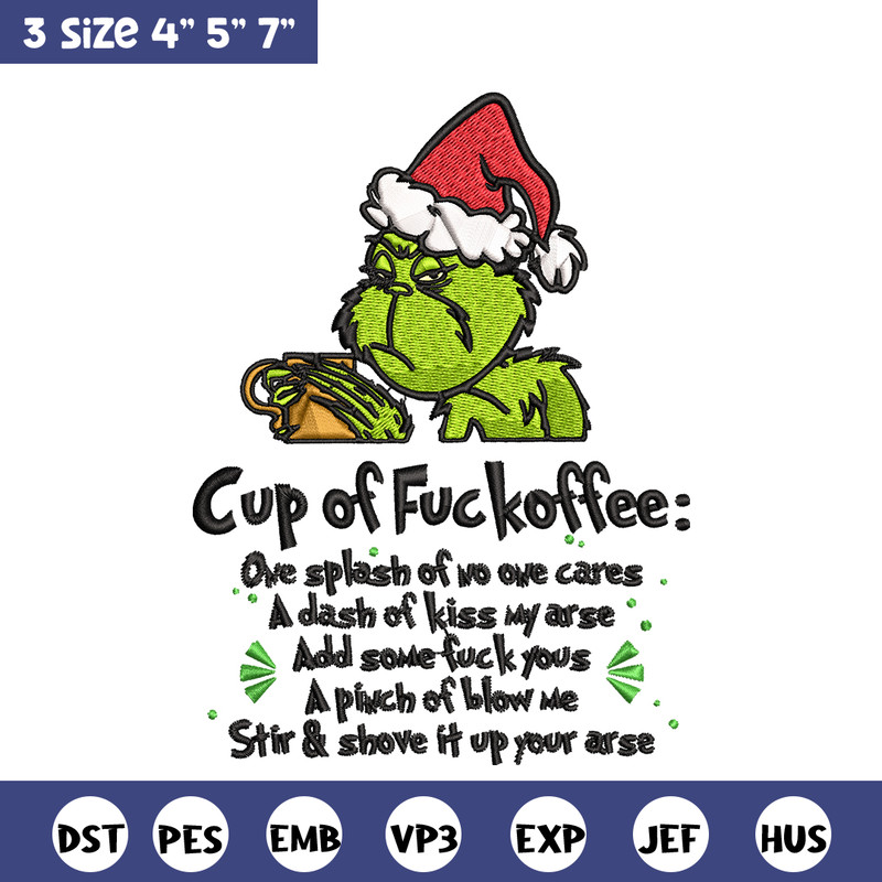 Cup of fuckoffee grinch Embroidery design, Grinch christmas Embroidery, Embroidery File, Grinch design, Instant download.jpg