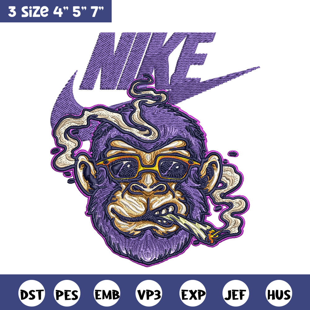 Monkey head smoking Nike Embroidery design, Monkey Embroidery, Nike design, Embroidery file, Instant download..jpg