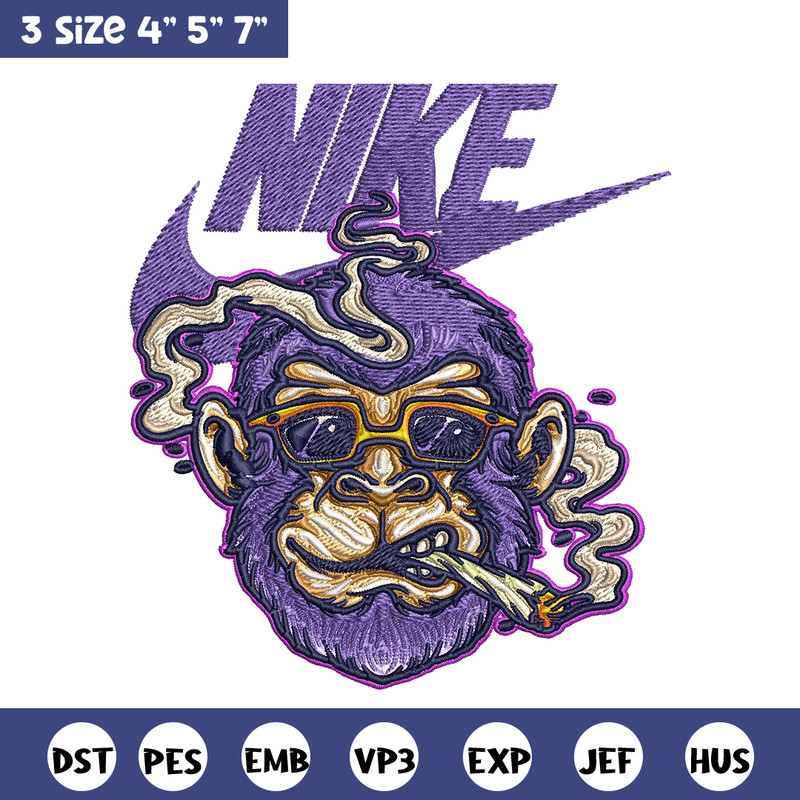 Monkey head smoking Nike Embroidery design, Monkey Embroidery, Nike design, Embroidery file, Instant download..jpg