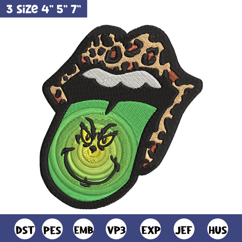 Leopard Lips Grinch Tongue Embroidery design, Grinch Embroidery, Grinch design, Embroidery file, Instant download..jpg