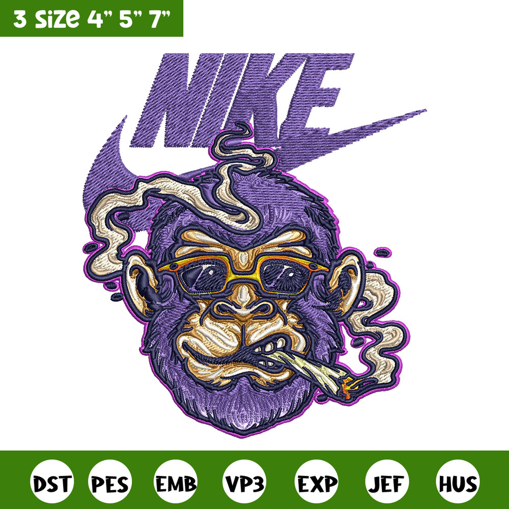 Monkey head smoking Nike Embroidery design, Monkey Embroidery, Nike design, Embroidery file, Instant download..jpg