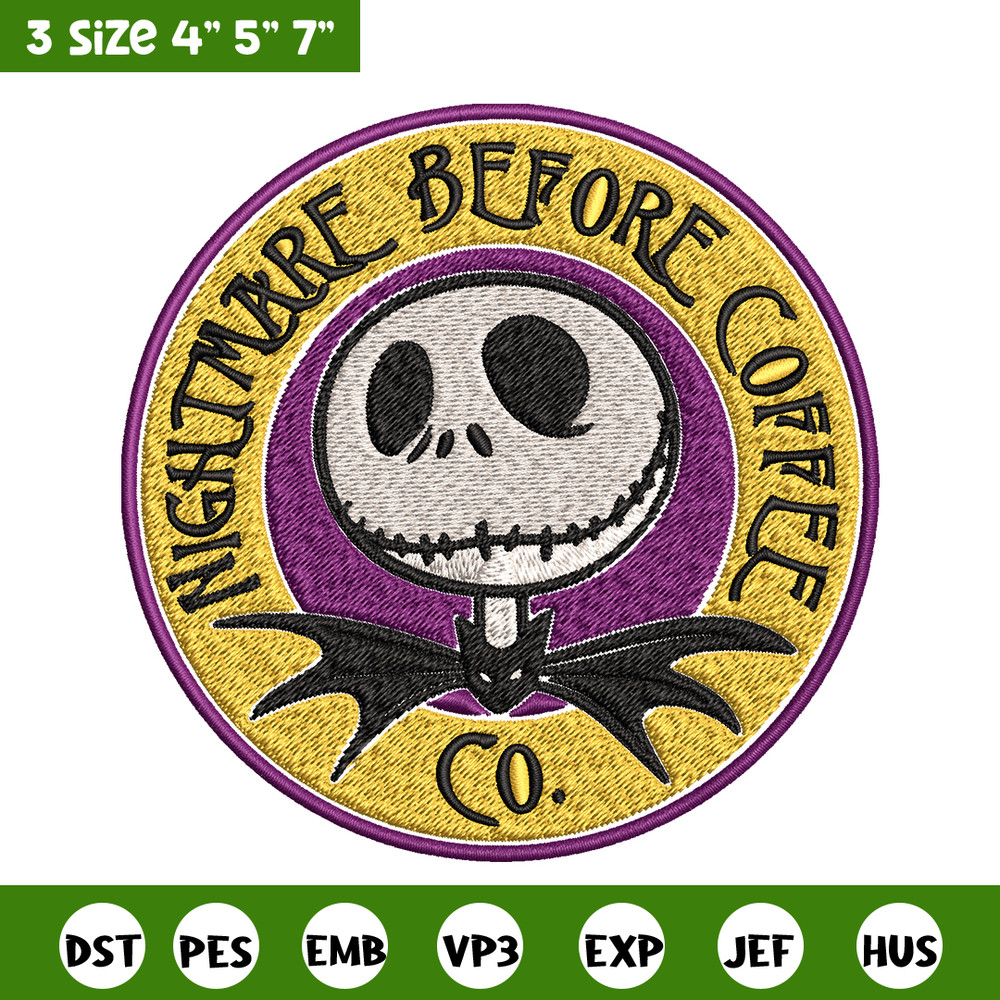 Nightmare before coffee Embroidery design, jack skellington Embroidery, Embroidery File, Horror design, Digital download.jpg