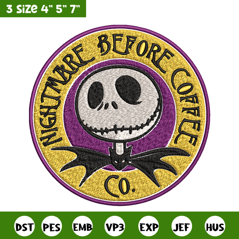 Nightmare before coffee Embroidery design, jack skellington Embroidery, Embroidery File, Horror design, Digital download.jpg