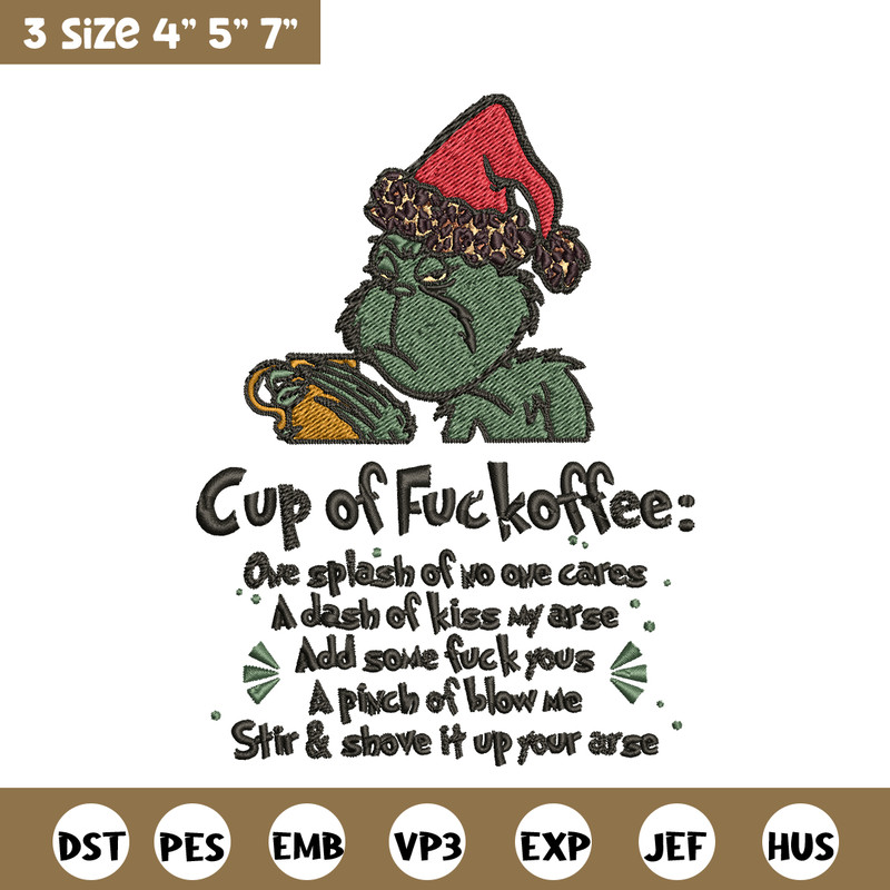 Cup of fuckoffee grinch Embroidery design, Grinch christmas Embroidery, Grinch design, Embroidery File, Instant download.jpg