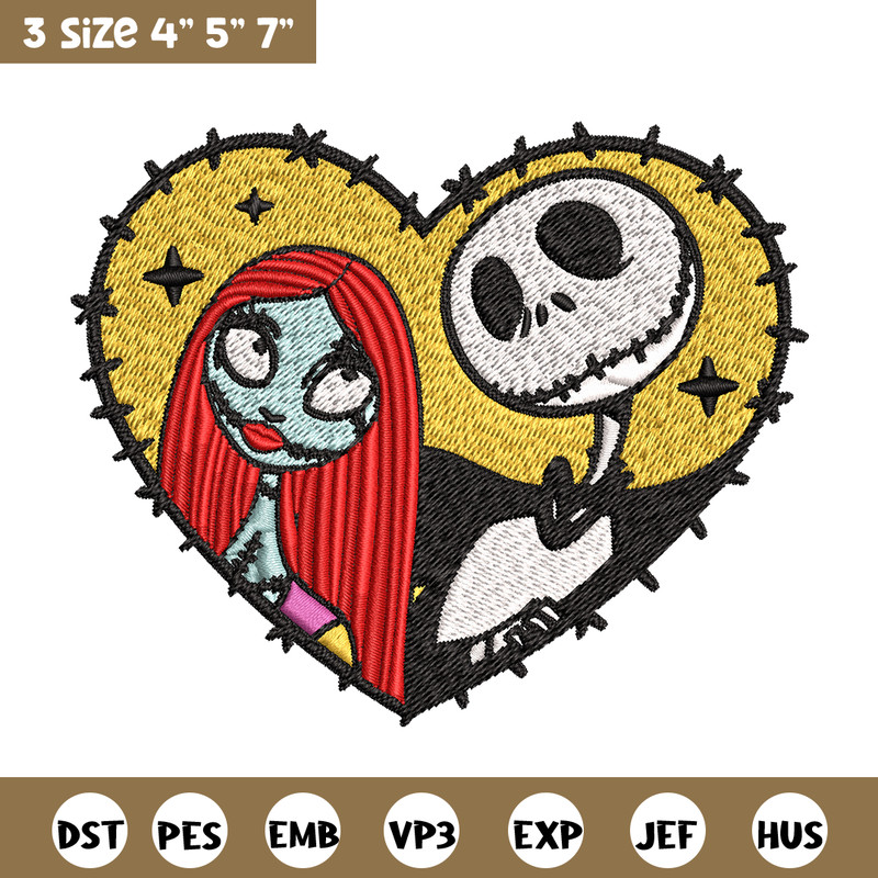 Jack and Sally in Heart Embroidery design, Horror Embroidery, horror design, Embroidery File, Digital download..jpg