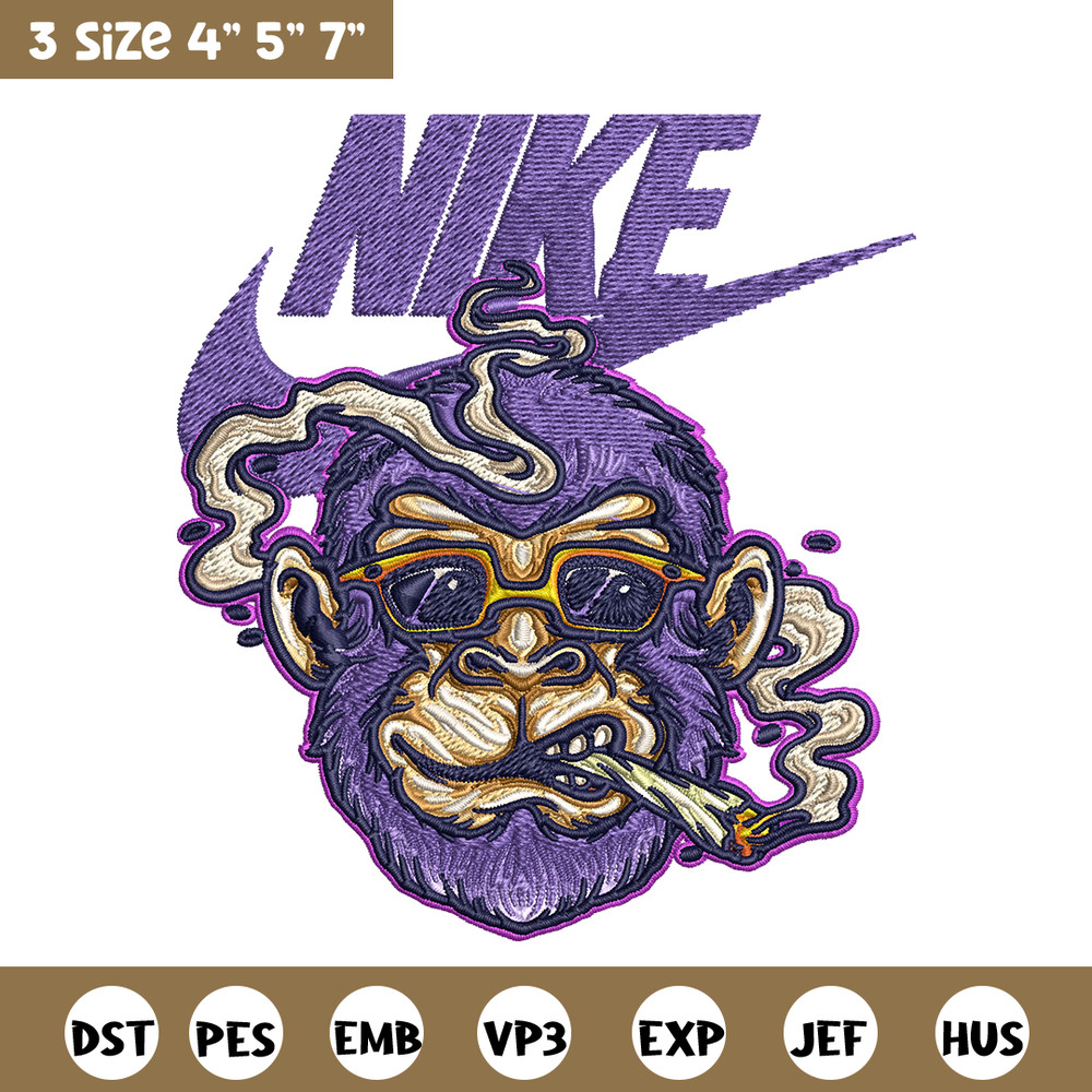 Monkey head smoking Nike Embroidery design, Monkey Embroidery, Nike design, Embroidery file, Instant download..jpg