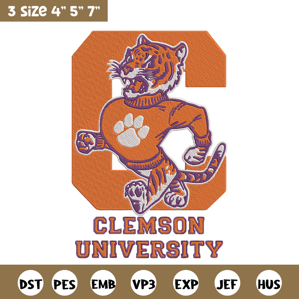 Clemson University logo embroidery design, College embroidery, Sport embroidery, logo sport embroidery,Embroidery design.jpg
