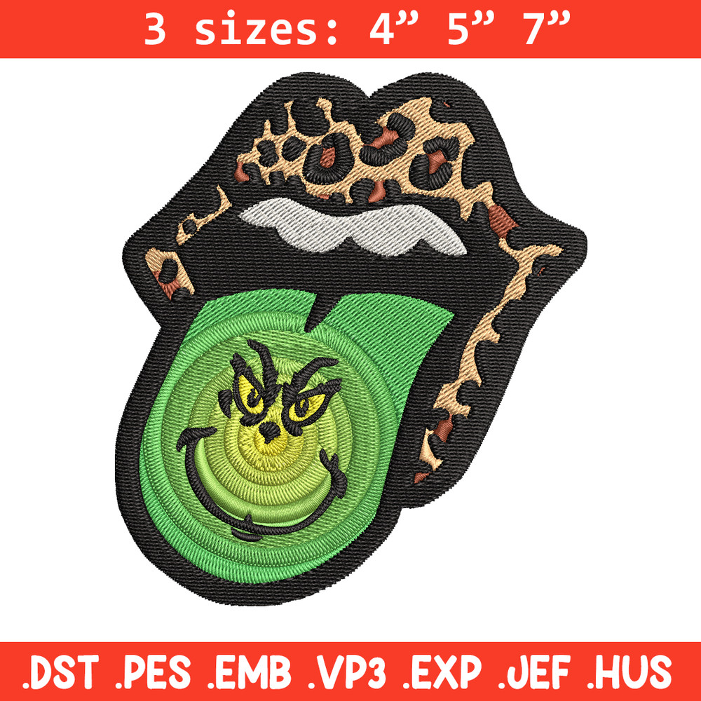 Leopard Lips Grinch Tongue Embroidery design, Grinch Embroidery, Grinch design, Embroidery file, Instant download..jpg