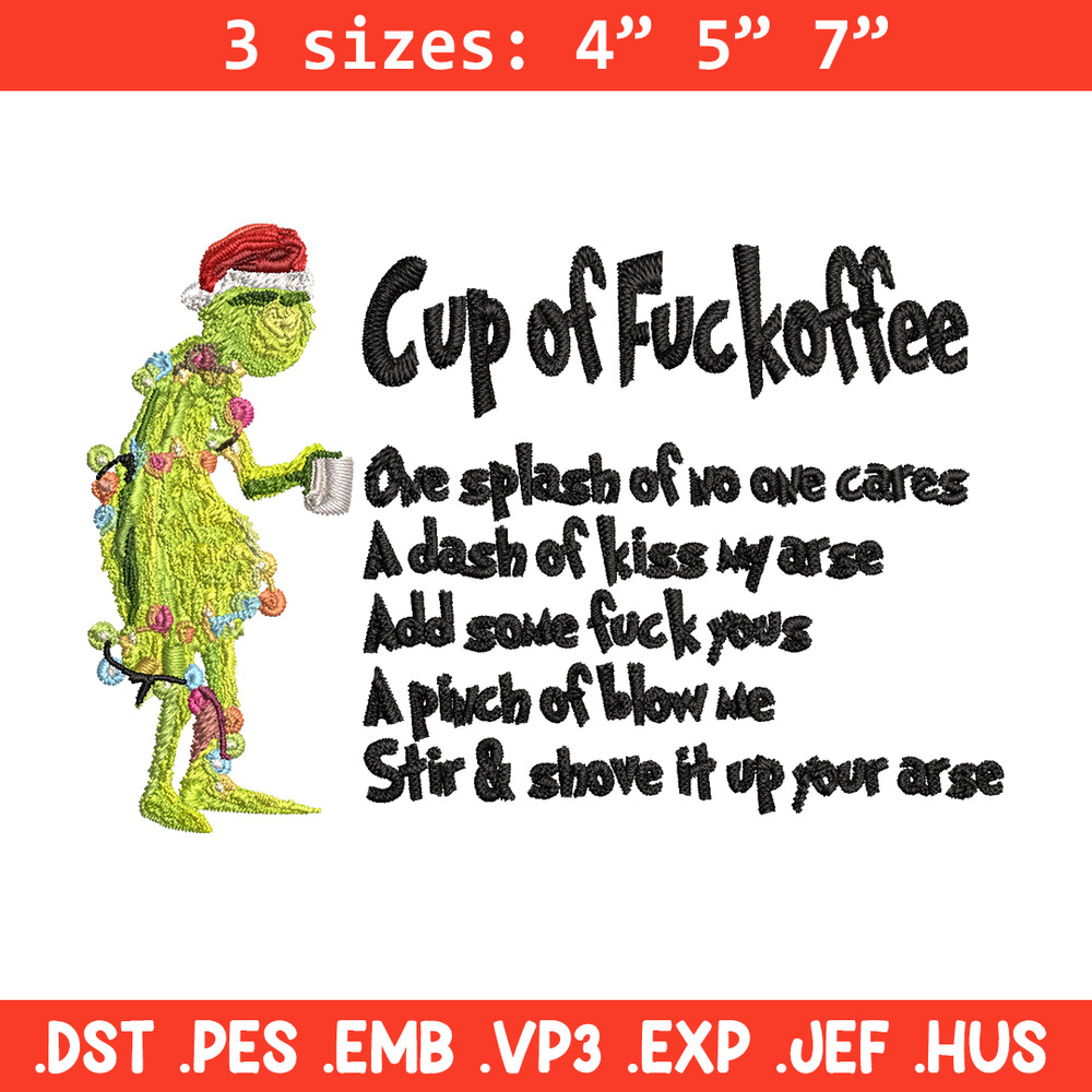 Cup of fuckoffee grinch Embroidery design, Grinch Embroidery, Grinch design, Embroidery File, Instant download..jpg