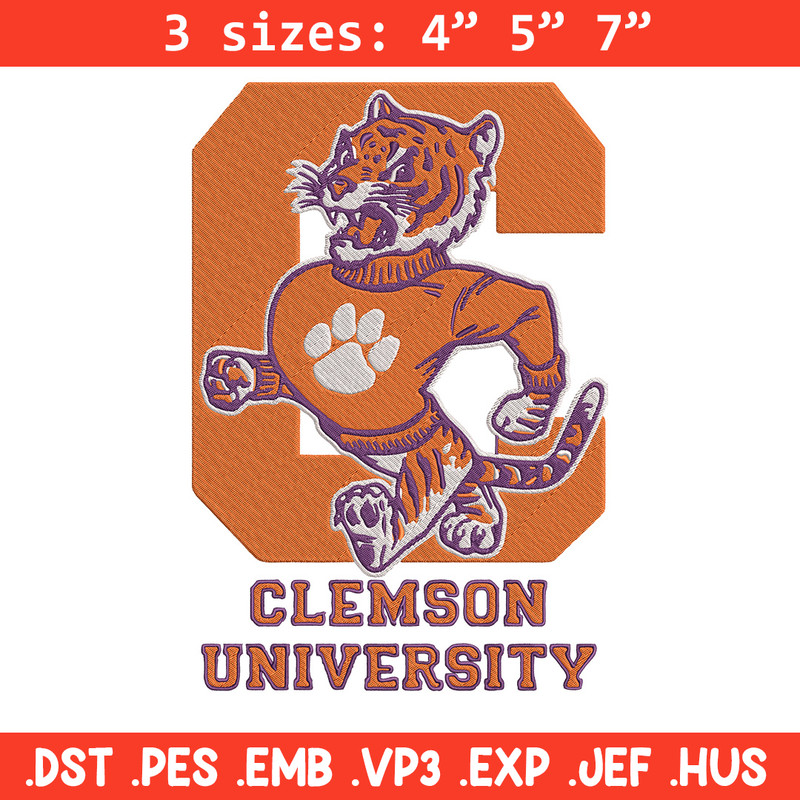 Clemson University logo embroidery design, College embroidery, Sport embroidery, logo sport embroidery,Embroidery design.jpg