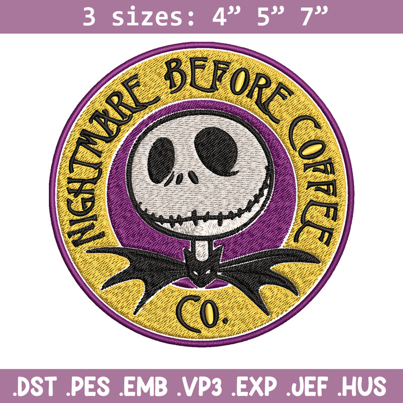 Nightmare before coffee Embroidery design, jack skellington Embroidery, Embroidery File, Horror design, Digital download.jpg