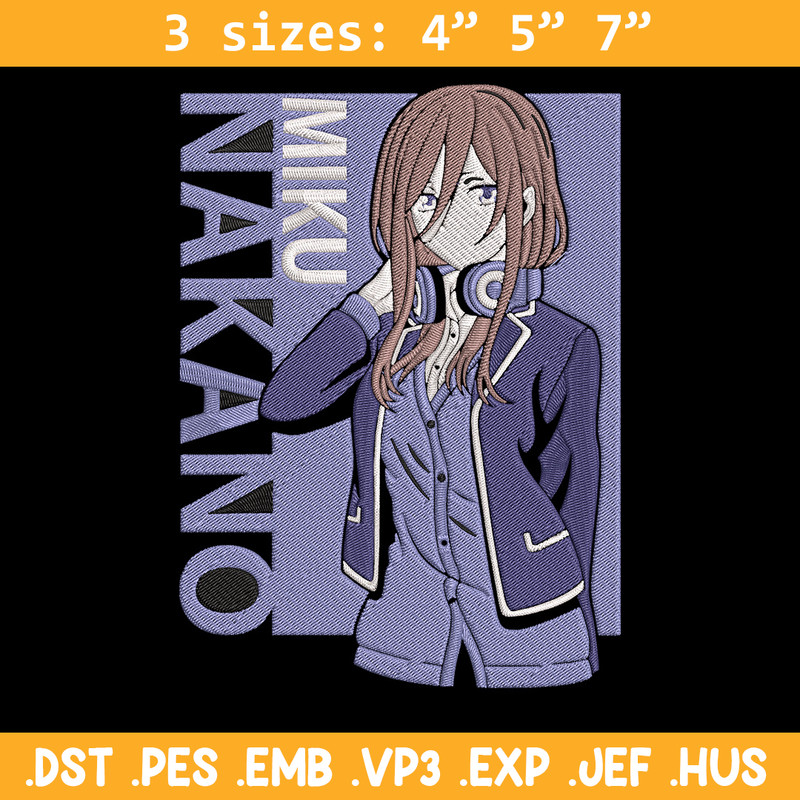 Miku Nakano Embroidery Design, Miku Nakano Embroidery, Embroidery File, Anime Embroidery, Anime shirt,Digital download.jpg