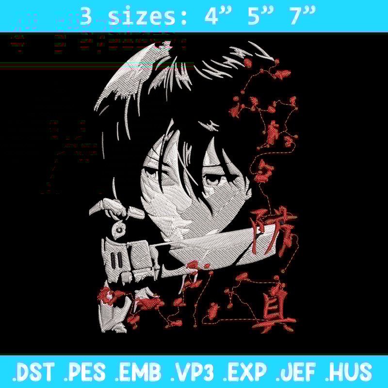 Mikasa Ackerman Embroidery Design, Aot Embroidery, Embroidery File, Anime Embroidery,Anime shirt, Digital download.jpg
