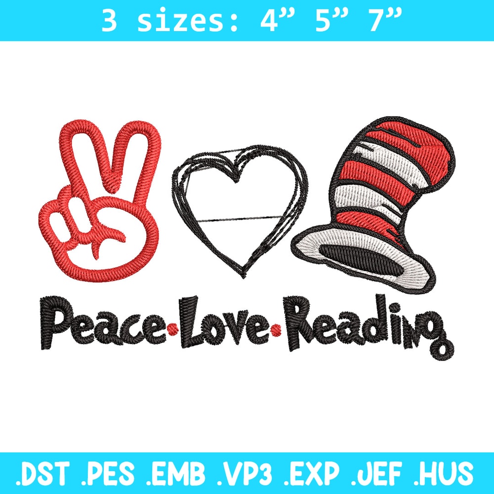 Peace Love Reading Embroidery Design, Embroidery File, logo Embroidery, logo shirt, Embroidery design, Digital download..jpg