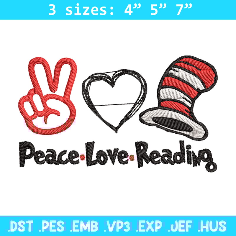 Peace Love Reading Embroidery Design, Embroidery File, logo Embroidery, logo shirt, Embroidery design, Digital download..jpg