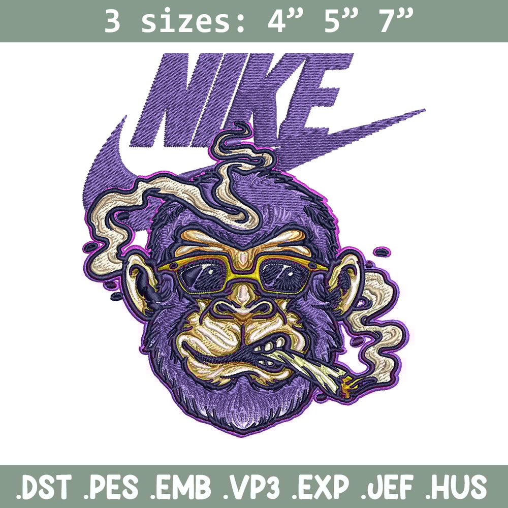 Monkey head smoking Nike Embroidery design, Monkey Embroidery, Nike design, Embroidery file, Instant download..jpg