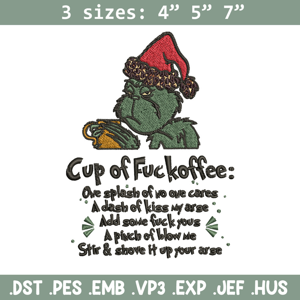 Cup of fuckoffee grinch Embroidery design, Grinch christmas Embroidery, Grinch design, Embroidery File, Instant download.jpg