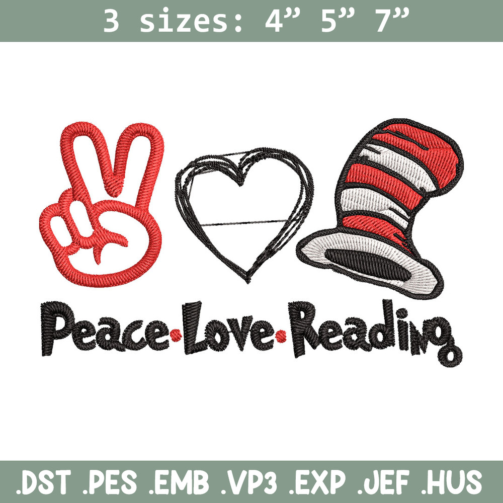 Peace Love Reading Embroidery Design, Embroidery File, logo Embroidery, logo shirt, Embroidery design, Digital download..jpg