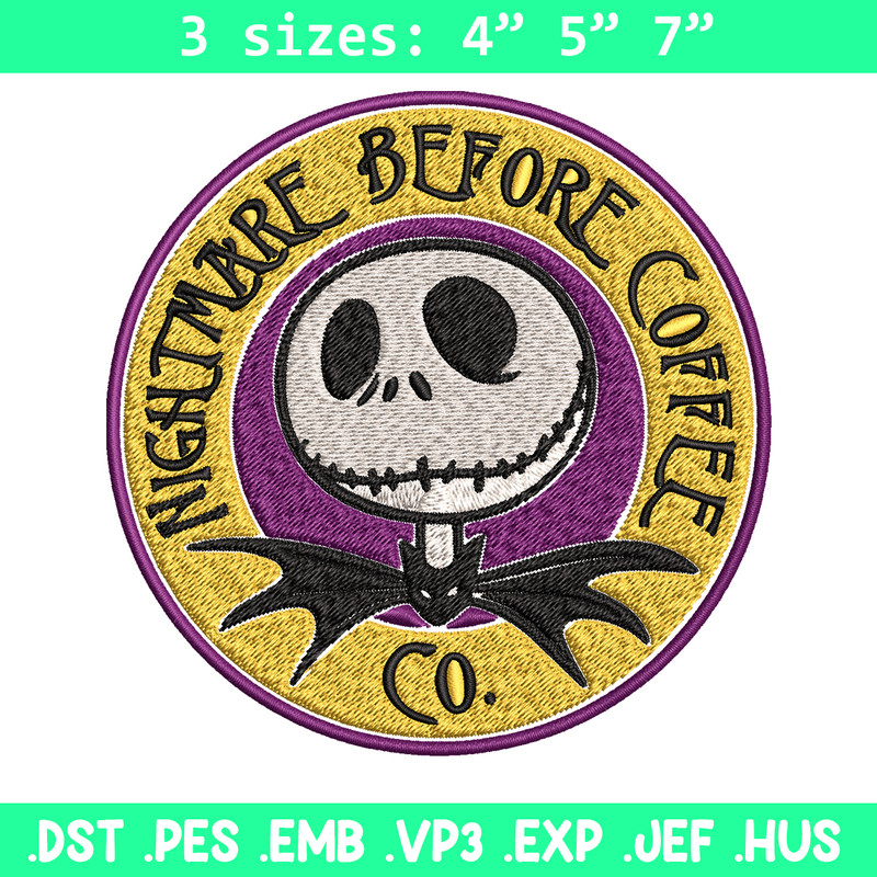 Nightmare before coffee Embroidery design, jack skellington Embroidery, Embroidery File, Horror design, Digital download.jpg