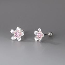 925 Sterling Silver Pink Sakura Flower Stud Earrings for Girls Exquisite Cherry Blossom Screw Earring Ladies Piercing Je