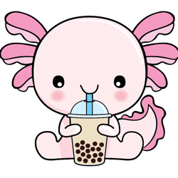 cute pink axolotl drinking boba tea