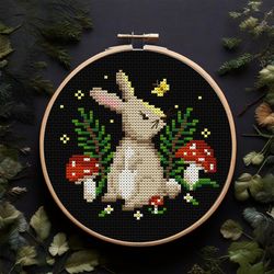Mushroom bunny, Cross stitch pattern PDF, Summer cross stitch, Woodlfnd embroidery, Rabbit, Forest, Spring decor