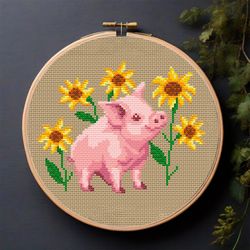 Pig among sunflowers, Cross stitch pattern PDF, Funny mini pig embroidery, Summer cross stitch, Farmhouse