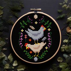 Floral chickens, Farmhouse cross stitch pattern PDF, Flower cross stitch, Spring embroidery, Easter