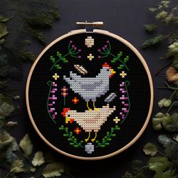 floral chickens, farmhouse cross stitch pattern pdf, flower cross stitch, spring embroidery, easter