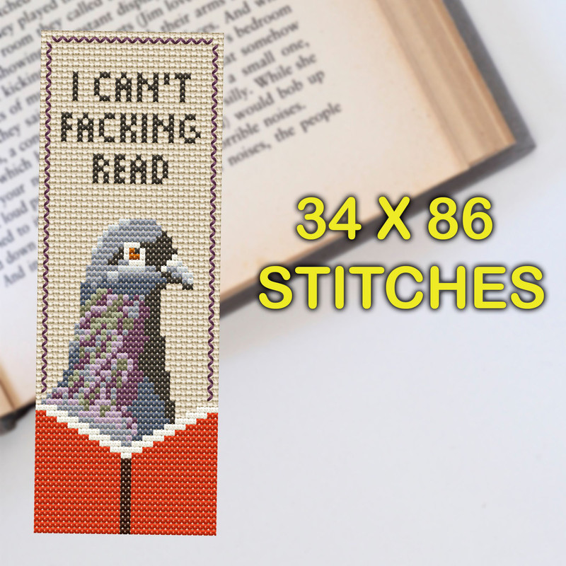 Funny Pigeon Bookmark Cross Stitch Pattern  I Cant Read DIY Embroidery Design 2