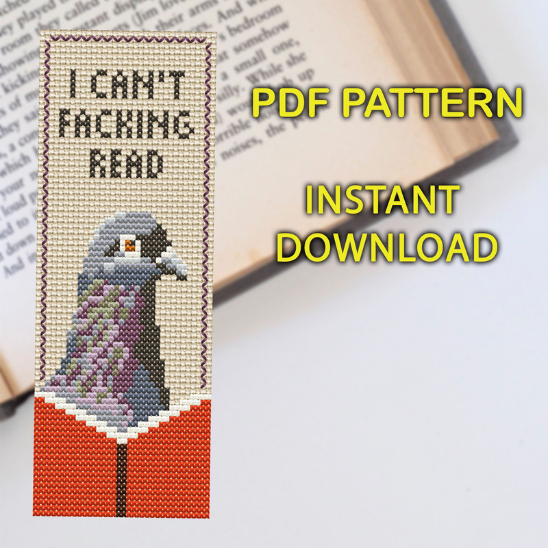 Funny Pigeon Bookmark Cross Stitch Pattern  I Cant Read DIY Embroidery Design 5