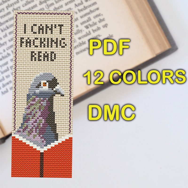 Funny Pigeon Bookmark Cross Stitch Pattern  I Cant Read DIY Embroidery Design 1