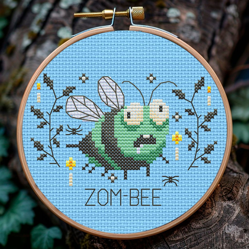 ZomBee Cross Stitch Pattern  Funny Halloween Zombie Bee Embroidery Design 0