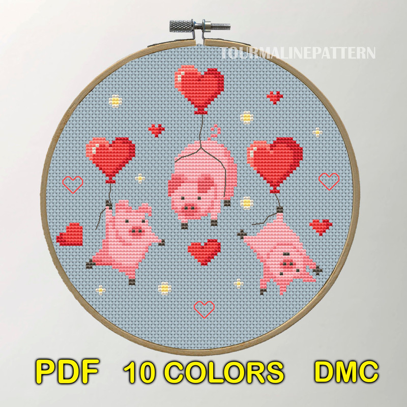 Floating Pigs Cross Stitch Pattern Cute Valentine Day Embroidery With Heart Balloon 1